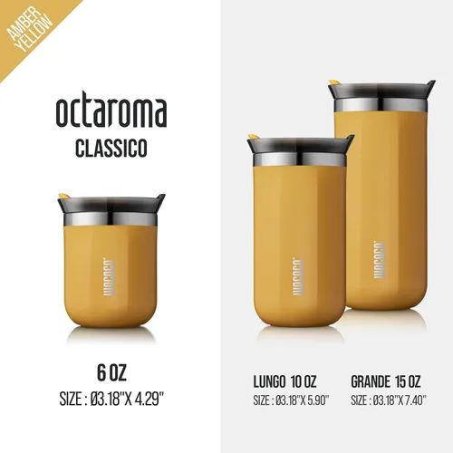 Vista 7 de Taza de viaje Octaroma Classico de WACACO, vaso de viaje de acero inoxidable de doble pared con tapa para beber, 6 fl oz (180ml), ámbar amarillo