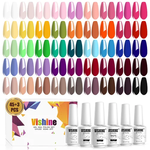 Vista 12 de Vishine Juego de esmaltes de uñas de gel de 48 colores, esmalte de uñas popular de otoño e invierno con capa base superior, kit de manicura