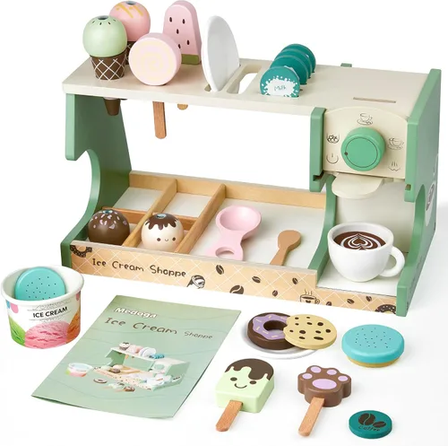 Vista 8 de Carrito de Helados de Madera Juguete Playset con Juguetes de Helado Juego de Comida de Simulación Camión de Comida Accesorios de Cocina de Juego