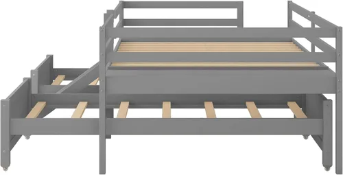 Vista 8 de Delicada cama de plataforma matrimonial sobre individual y individual con tobogán integrado, escalera de almacenamiento pequeña y barandilla