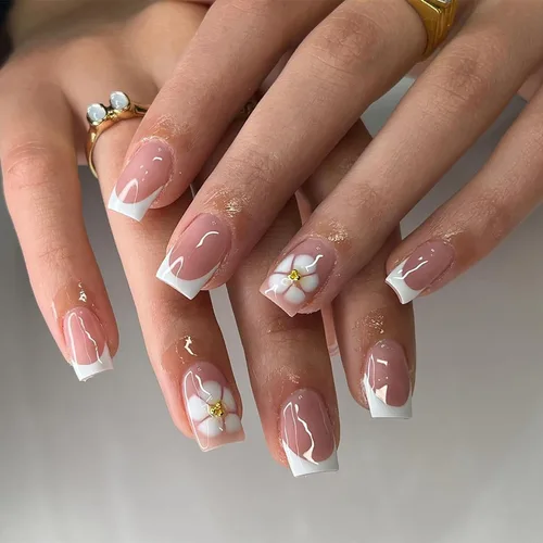 Vista 48 de Uñas postizas cuadradas cortas de color nude, uñas postizas francesas blancas con diseño de diamantes de imitación, uñas brillantes a presión