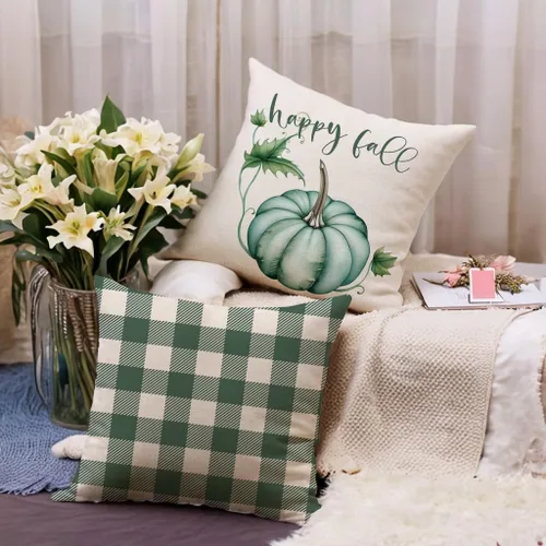 Vista 3 de Fundas de almohada decorativas de otoño, diseño de calabaza y búfalo de otoño a cuadros de 18 x 18 pulgadas, paquete de 2 fundas de almohada