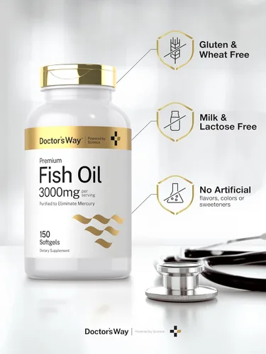 Vista 5 de Doctor's Way Aceite de pescado 3000 mg 150 cápsulas blandas Omega-3 con EPA y DHA Suplemento sin OMG, sin gluten