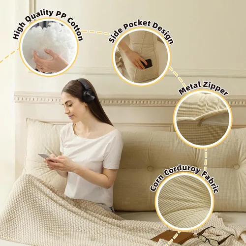 Vista 7 de Almohadas de cuña para cabecero de dormitorio individual XL, almohada de cuña beige para cama, respaldo de lectura, cojín para cama con funda