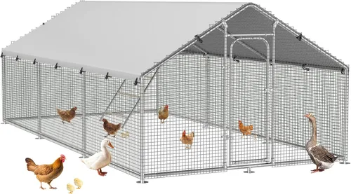Vista 15 de Gallinero de metal con paso, 10 x 5 x 6.4 pies, jaula para aves de corral al aire libre, perca mejorada, cubierta impermeable y antiultravioleta