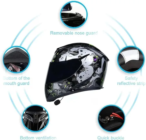 Vista 4 de Casco de motocicleta Bluetooth de cara completa, aprobado por DOT, abatible, antivaho, doble visera, altavoz dual integrado con micrófono