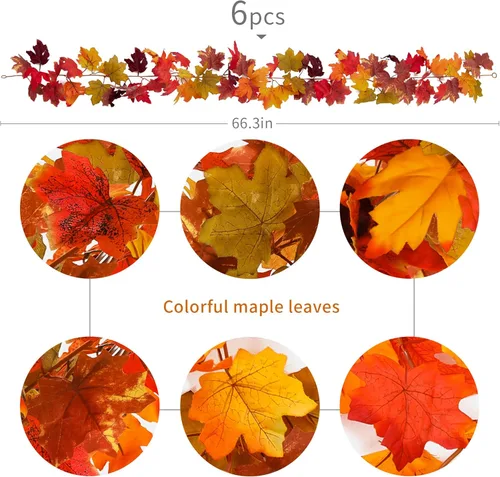 Vista 3 de 6 guirnaldas de hojas de arce de otoño, PARTY JOY de 5.6 pies, guirnalda de otoño artificial de hojas de arce colgante, decoración de mesa de otoño