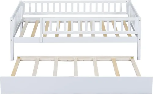 Vista 36 de P PURLOVE Sofá cama matrimonial con nido, marco de sofá cama con barandillas de valla, sofá cama de madera para niños, niñas y adolescentes jóvenes