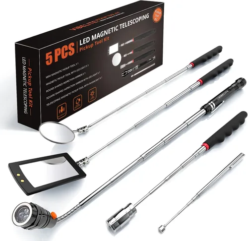 VIBELITE Herramienta de recogida magnética telescópica con varilla de recogida de 1 libra y 15 libras, espejo de inspección ajustable giratorio y