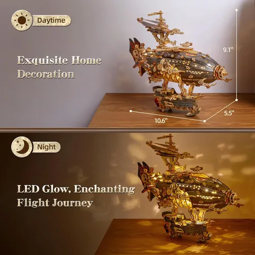 Vista 5 de FUNPOLA Rompecabezas de Madera LED 3D Modelo de Dirigible de Fantasía - Kit de Manualidades Steampunk DIY con Luces LED - Conjunto de Construcción
