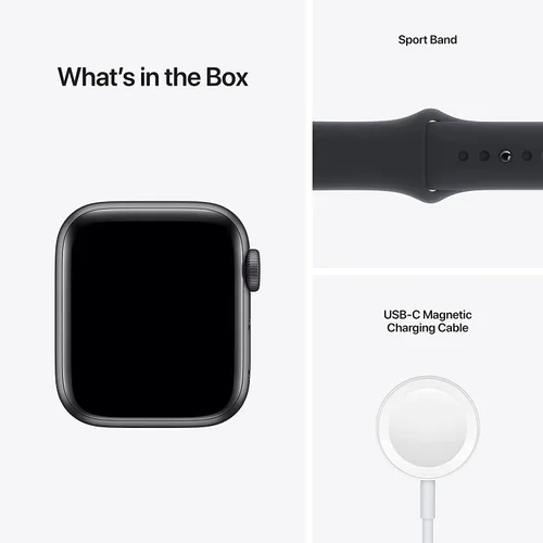 Vista 6 de Apple Watch SE (GPS, 1.575in), carcasa de aluminio gris espacial con correa deportiva de medianoche - Regular (renovado)