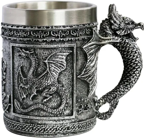 Taza de café medieval con diseño de dragón rugiente – Dungeons and Dragons Beer Stein Tankard – Taza de acero inoxidable de 15.8 onzas para