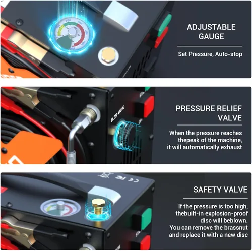 Vista 4 de Compresor de aire PCP 4500Psi/30Mpa Compresor de aire de alta presión para tanque de paintball/buceo, sin aceite, sin ruido y apagado automático