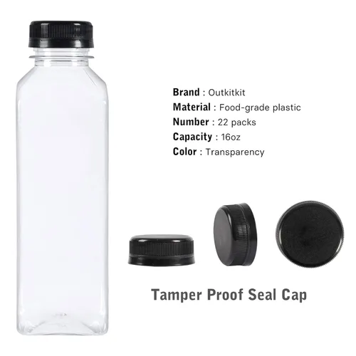 Vista 4 de 22 botellas de plástico vacías de 16 onzas con tapas, recipientes transparentes reutilizables con tapas negras a prueba de manipulaciones para jugo