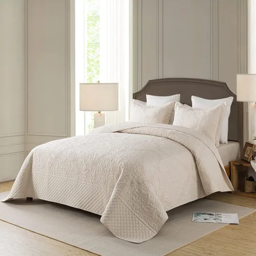 Vista 7 de NEWLAKE - Juego de cubrecama reversible de microfibra bordada con patrón floral en relieve en jacquard beige, tamaño queen