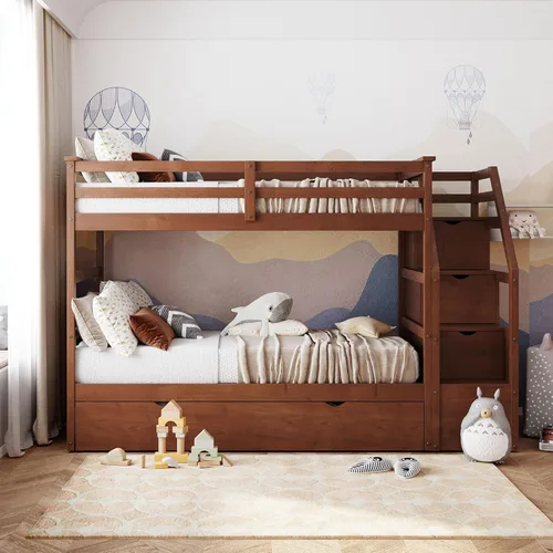Vista 59 de Harper & Bright Designs Litera de tamaño matrimonial sobre matrimonial con 3 cajones, litera de madera maciza con almacenamiento y riel de Gris