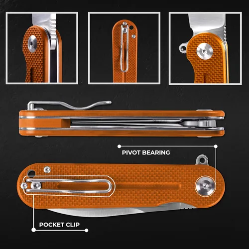 Vista 14 de Firebird Ganzo FH922PT-BK EDC Navaja de bolsillo plegable con filo de navaja, acero inoxidable D2, hoja negra, mango G10 con clip, cuchillo