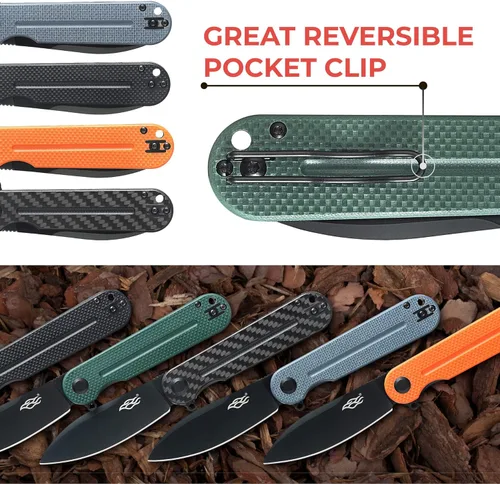 Vista 59 de Firebird Ganzo FH922PT-BK EDC Navaja de bolsillo plegable con filo de navaja, acero inoxidable D2, hoja negra, mango G10 con clip, cuchillo
