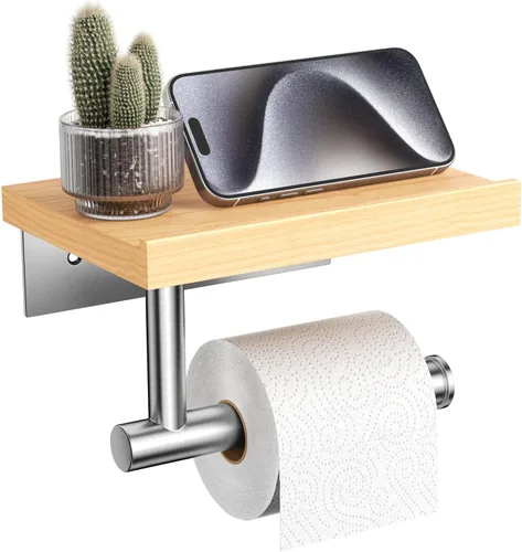 Vista 8 de Tindbea Portarrollos de papel higiénico con estante de madera, soporte de rollo de papel higiénico de madera para montaje en pared, accesorios
