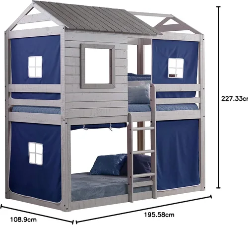 Vista 5 de Donco Kids Cabaña ciega de ciervo individual sobre cama doble rústica gris claro litera con tienda azul