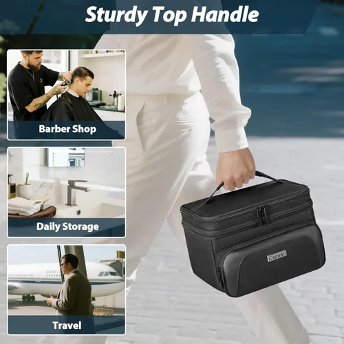 Vista 6 de CURMIO Estuche de transporte de viaje para cortapelos, suministros de peluquería de doble capa, bolsa de almacenamiento compatible