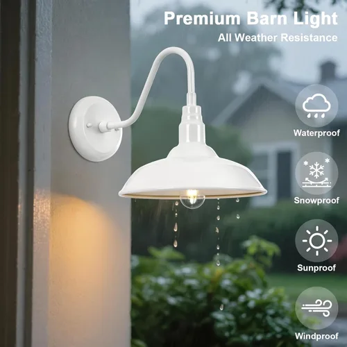 Vista 7 de Lámpara de granero de cuello de cisne para exteriores de 10 pulgadas de diámetro con montaje en pared, linterna de pared blanca impermeable