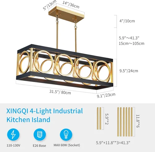 Vista 3 de XINGQI Lámpara de araña rectangular moderna, iluminación de isla de cocina de granja, accesorio de luz colgante industrial rústico de 4 luces