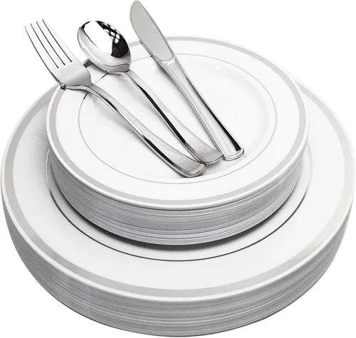 Vista 10 de 125 piezas oro placas plásticas y cubertería para 25 invitados, platos desechables de plástico resistente con borde de oro y plata para fiesta