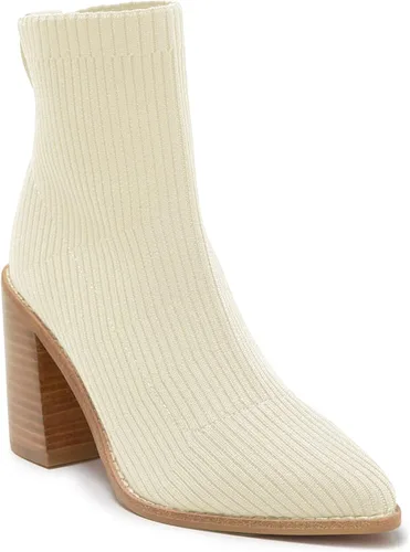 Coutgo Botas de tobillo para mujer punta puntiaguda tacón alto apilado sin botones de punto acanalado botas Chelsea