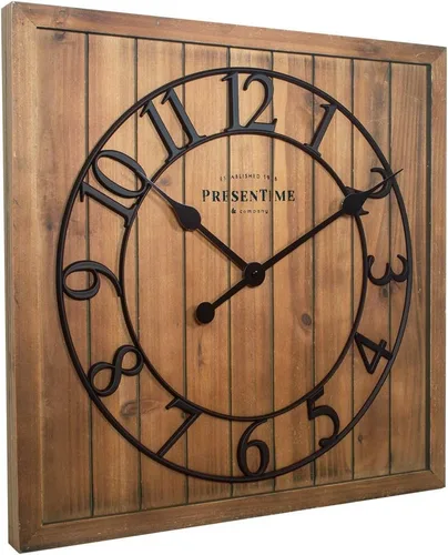 Vista 2 de Presentime & Co - Reloj cuadrado de madera con puerta de granero Shiplap de 21 pulgadas, abeto, número arábigo, decoración del hogar, decoración