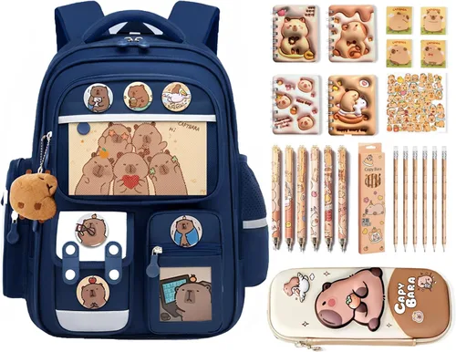 Mochila impermeable Capybara, gran capacidad incluye 36 piezas accesorios (estuche para lápices, cuaderno, notas adhesivas, calcomanías, bolígrafo