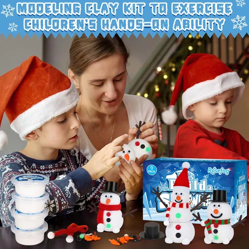 Vista 4 de Paquete de 9 manualidades navideñas, kit de arcilla para hacer muñecos de nieve navideños DIY para niños, construye tu kit de manualidades de muñeco