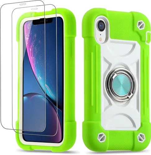 Vista 9 de Funda para iPhone XR de 6.1 pulgadas con soporte de anillo, con 2 protectores de pantalla de vidrio, resistente a los golpes, resistente a