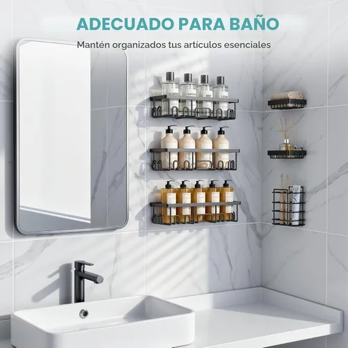 Vista 6 de Veken Paquete de 5 estantes de ducha resistentes al óxido e impermeables, estantes de ducha esquineros adhesivos sin perforaciones, estante