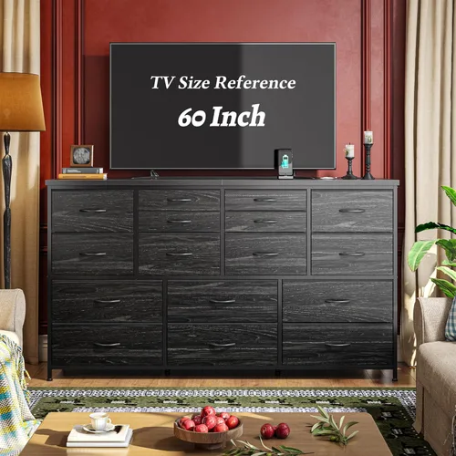 Vista 3 de Romorgniz Cómoda para dormitorio con 16 cajones de tela, cómoda larga con estación de carga, soporte de TV para televisor de 60" cómodas y cajoneras