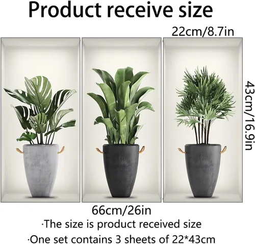 Vista 4 de Calcomanías de pared de plantas verdes 3D, calcomanías de pared en macetas tropicales, vinilo creativo para despegar y pegar, decoración de pared
