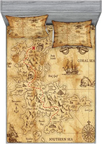 Vista 122 de Ambesonne Island Map - Juego de sábanas bajeras y fundas de almohada, mapa del tesoro súper detallado, diseño de piratas rústicos grungy, tema