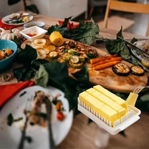 Vista 6 de Mantequillera con tapa, recipiente de mantequilla transparente para refrigerador y encimera, caja de corte de mantequilla, bandeja de mantequilla