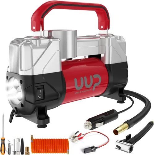 Vista 12 de UUP Compresor de aire para inflador de neumáticos, 150PSI 12V CC, doble cilindro, bomba de aire portátil resistente con luz LED de emergencia