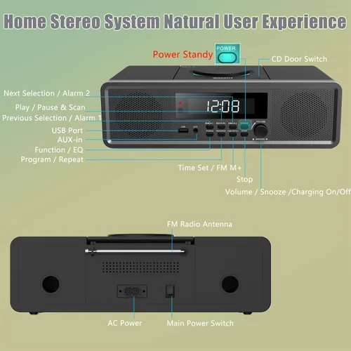 Vista 3 de WISCENT Sistema estéreo para el hogar, reproductor de CD Boombox, sistema de sonido RMS transparente de 20 W con radio FM, Bluetooth, USB, MP3, AUX