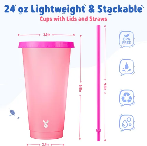 Vista 3 de Meoky Vasos de plástico con tapas y popotes – Paquete de 6 tazas que cambian de color de 24 onzas, tazas para café helado, vasos reutilizables a