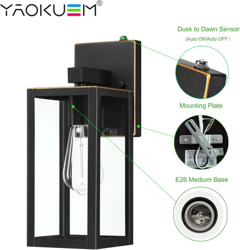 Vista 4 de Linterna de pared para exteriores del atardecer al amanecer, aplique de pared con sensor de fotocélula como accesorio de iluminación de porche, base