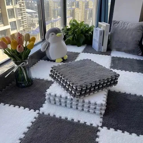 Vista 7 de 12 piezas de alfombra de espuma para puzzle de felpa, suaves y esponjosas, baldosas cuadradas interconexas de espuma para alfombras de área