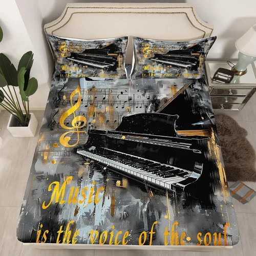 Vista 2 de Piano Music Fitted Sheets Full Size,Musical Notes Bedding Set 3Pcs for Kids Girls Boys Teens Room Decor,Retro Graffiti Grey Gold Bed Sheet Music