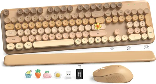 Vista 18 de Combo de teclado y mouse inalámbricos, teclado retro con teclas redondas, teclado estilo máquina de escribir de tamaño completo con reposamuñecas