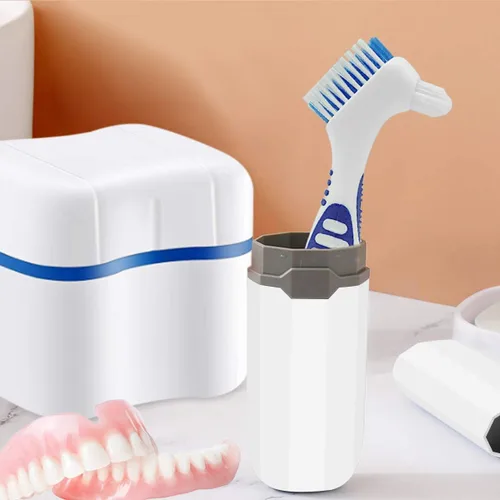 Vista 4 de 1 estuche de baño para dentaduras postizas con 1 cepillo limpiador de dentadura, soporte para dentaduras, estuche retenedor de cepillo, recipiente