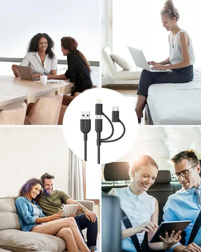 Vista 6 de Cable Anker Powerline II 3 en 1, cable Lightning/Type C/Micro USB para iPhone, iPad, Huawei, HTC, LG, Samsung Galaxy, Sony Xperia, smartphones Negro