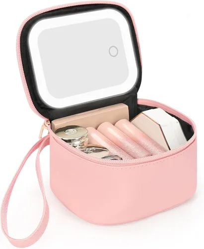 Vista 11 de Relavel Mini bolsa de maquillaje con espejo LED, pequeña bolsa de cosméticos con 3 modos de luz, bolsa de maquillaje portátil recargable con correa