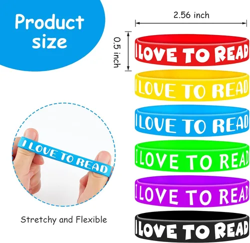 Vista 3 de WILLBOND Pulsera de goma motivacional con texto en inglés "I Love to Read", pulseras de silicona coloridas para recompensas de aula, premios