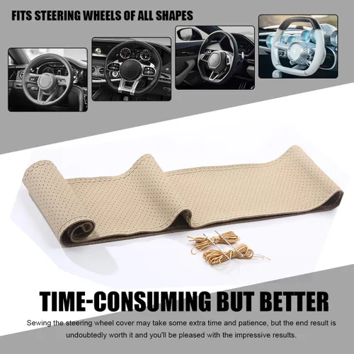 Vista 4 de Wevdn Funda de Volante de Cuero Genuino, Envolvente de Coser, Protector de Volante de Costura DIY, Protector de Volante de 15 Pulgadas Transpirable